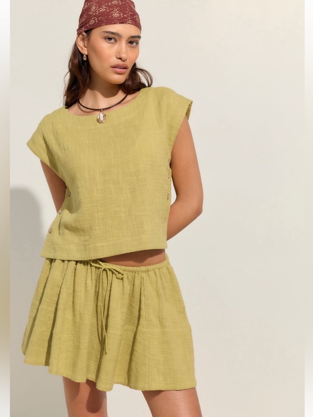 NEW! Free People Free-est SKYE 2-Piece Mini Skirt Set MEDIUM Avocado Lime Green
